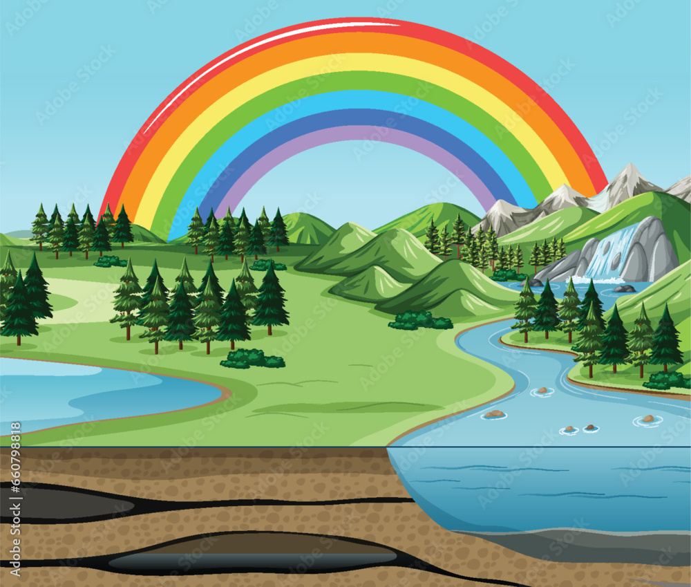 Rural Landscape with Tree, Mountain, and Underground Rainbow