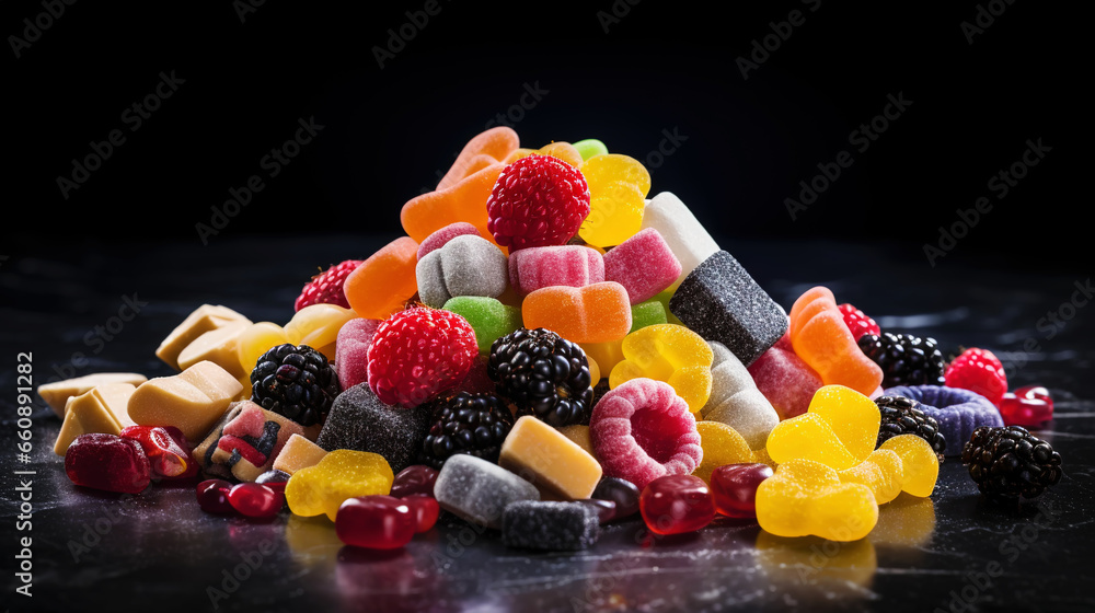 Top view on delicious multicolored candies on black rustic background. Generative AI