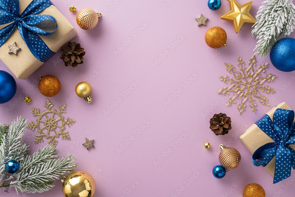 Welcome New Year in grand style! Top view of exquisite gift boxes, classy tree ornaments, shimmering baubles, winter-themed decor, all against purple backdrop, waiting for your special message or ad