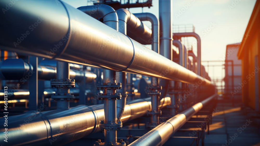 Industrial zone, Steel pipelines and cables in blue tones at sunset