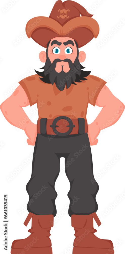 Funny and strict man pirate. Guy in a pirate costume. Cartoon style