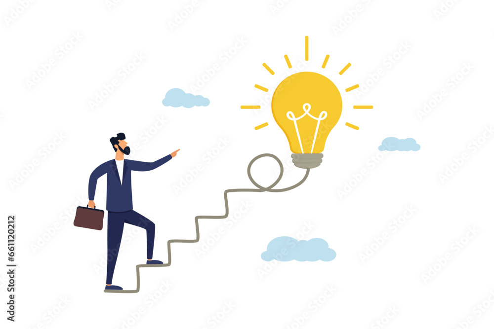 The businessman climb the stairs to a large luminous bulb. Brainstorming, and inspiration in business. Ilyustration