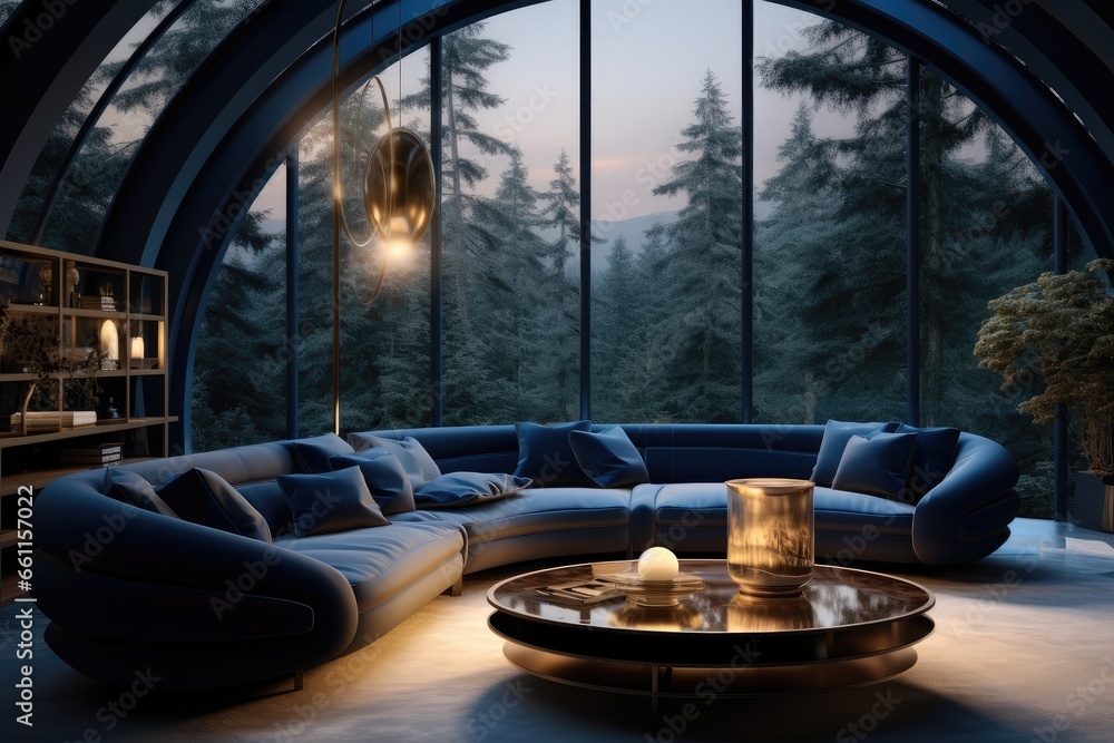 Deep blue living room in a round room.