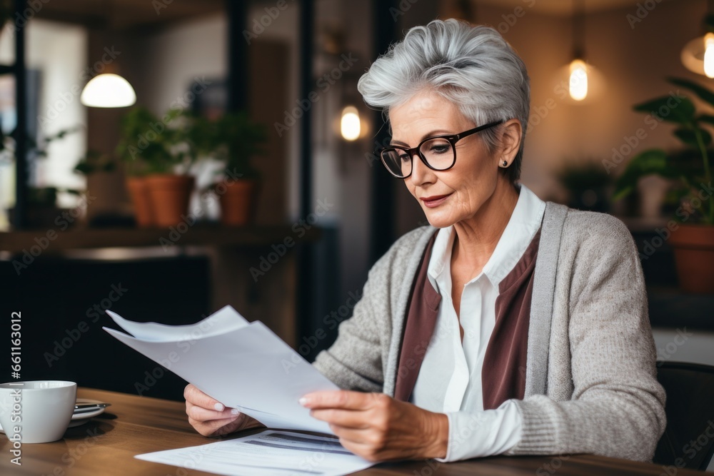 senior woman reading documents in front of a laptop