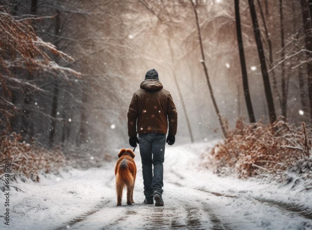 person walking her dog in a woods in snow