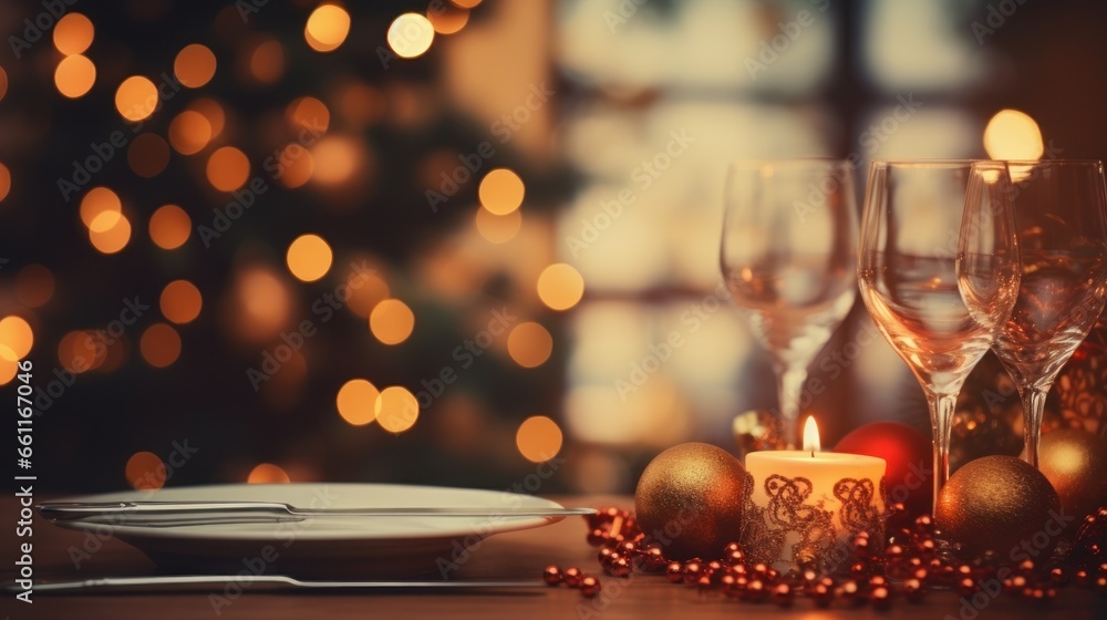 christmas dinner holiday background with blurred christmas tree background