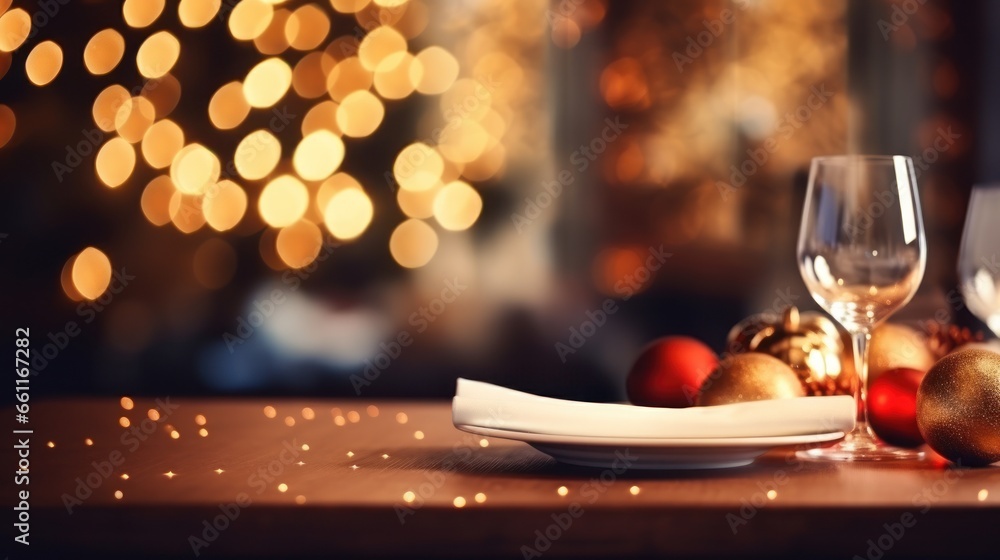 christmas dinner holiday background with blurred christmas tree background