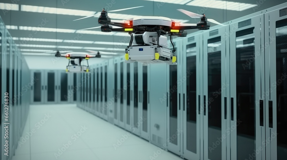 Drones scanning devices and capturing various data for analysis in server room.