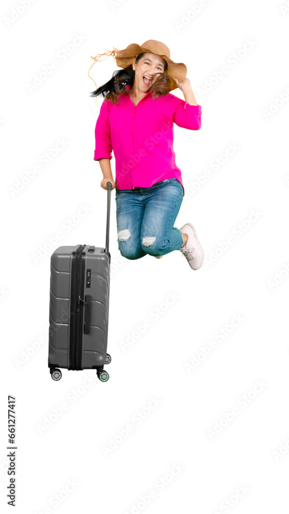 Full length photo of Asian woman jumping high holding suitcase