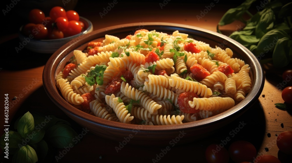 Pasta, Fusilli in red sauce, base of pastel colored wooden strips.