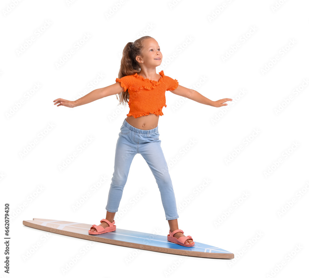 Little girl with surfboard on white background