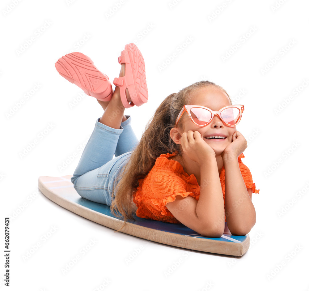 Little girl with surfboard on white background