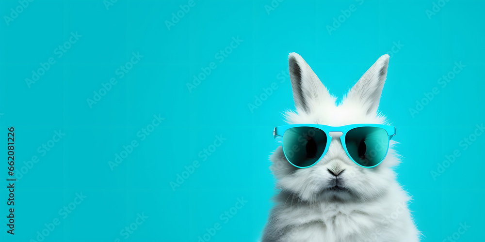 white rabbit wearing sunglasses on blue background