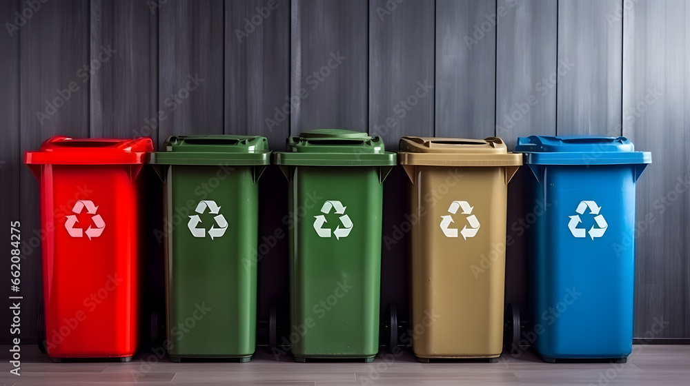 ecycling bins and waste segregation, Blue, yellow and green container for separate plastic, paper and organics garbage collection, isolated on the yellow background with copy space, waste recycling 