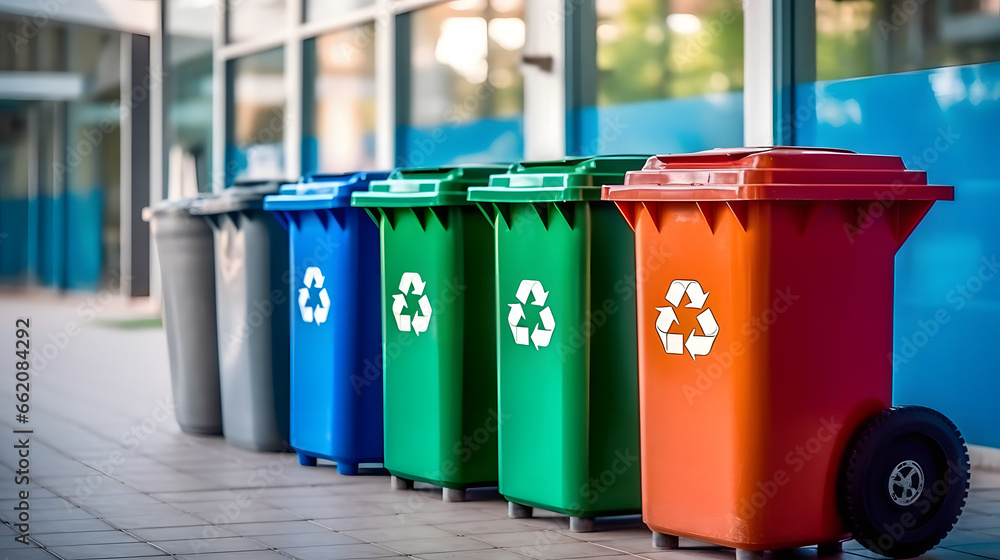 ecycling bins and waste segregation, Blue, yellow and green container for separate plastic, paper and organics garbage collection, isolated on the yellow background with copy space, waste recycling 