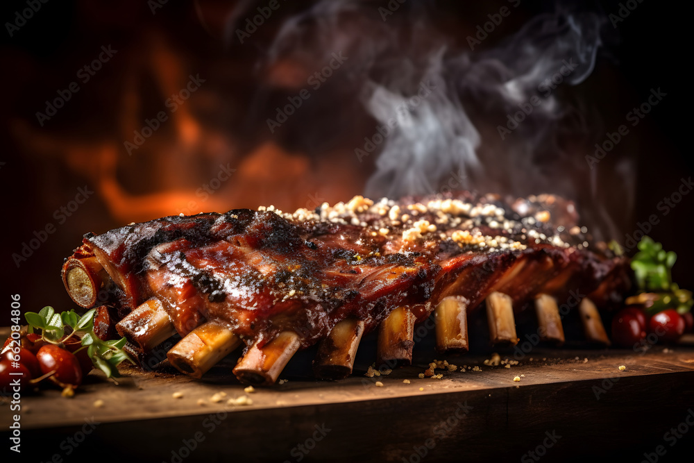 delicious ribs pork bbq with smoke, Barbecue grilled pork ribs served on wooden board. Traditional American cuisine dish