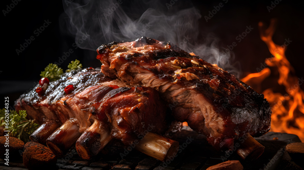 Closeup of pork ribs grilled with BBQ sauce