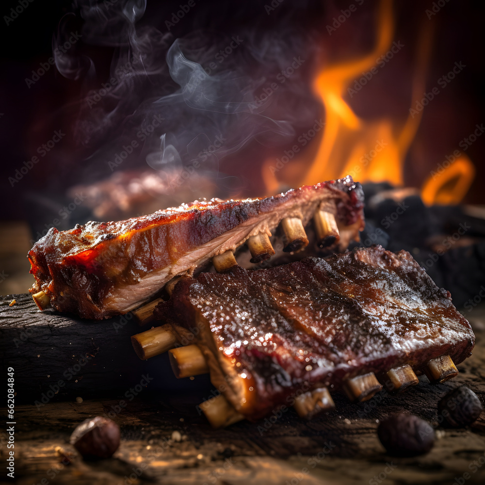 delicious ribs pork bbq with smoke, Barbecue grilled pork ribs served on wooden board. Traditional American cuisine dish