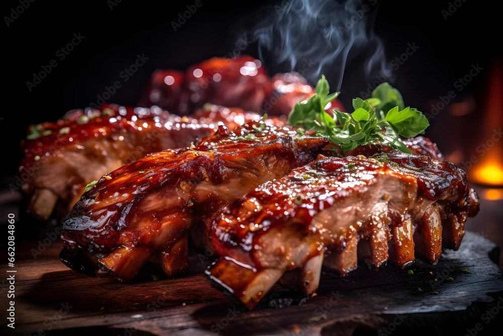 delicious ribs pork bbq with smoke, Barbecue grilled pork ribs served on wooden board. Traditional American cuisine dish