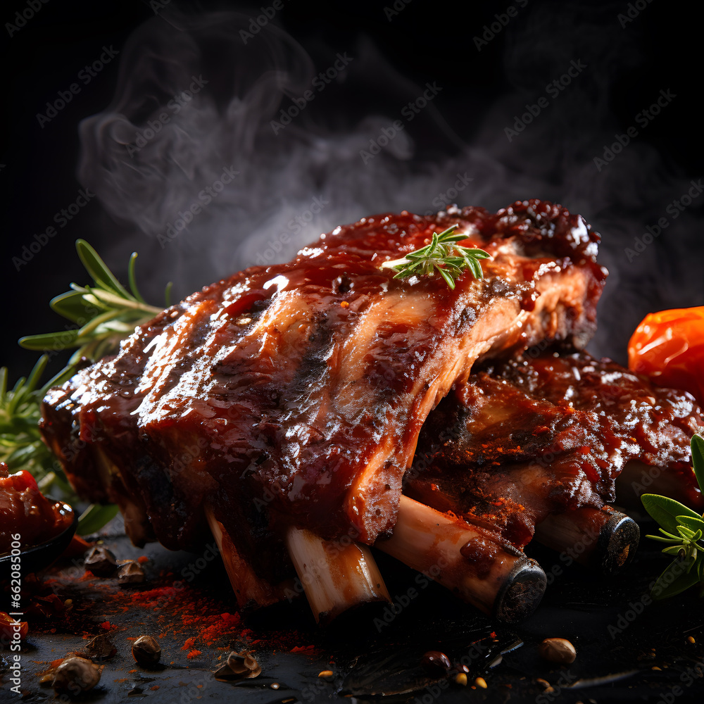 delicious ribs pork bbq with smoke, Barbecue grilled pork ribs served on wooden board. Traditional American cuisine dish