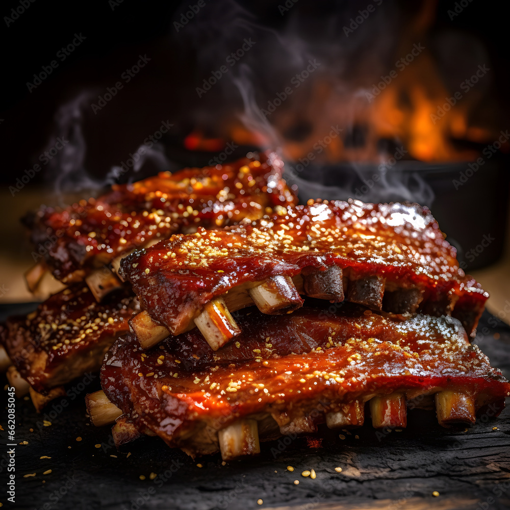 delicious ribs pork bbq with smoke, Barbecue grilled pork ribs served on wooden board. Traditional American cuisine dish