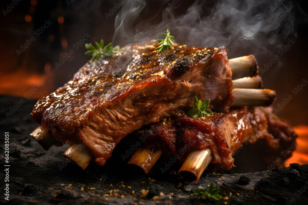 delicious ribs pork bbq with smoke, Barbecue grilled pork ribs served on wooden board. Traditional American cuisine dish