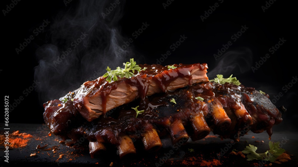 delicious ribs pork bbq with smoke, Barbecue grilled pork ribs served on wooden board. Traditional American cuisine dish