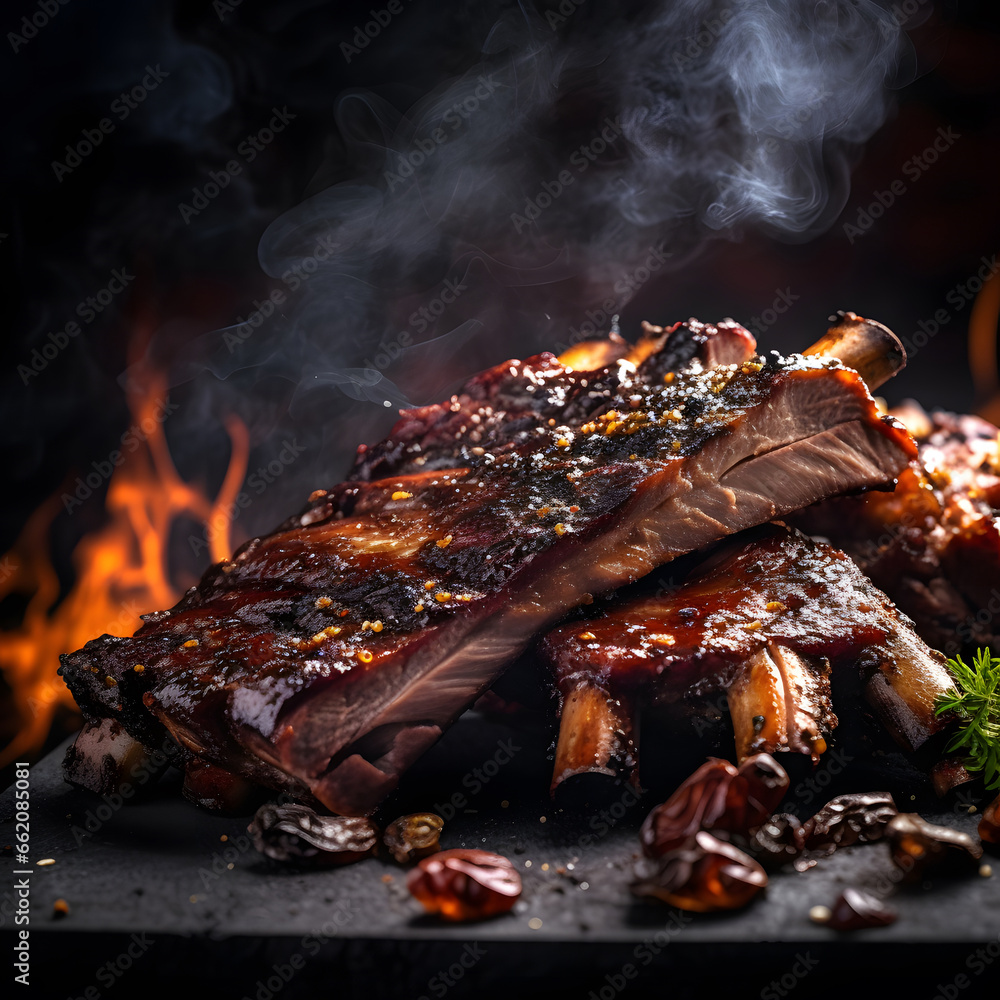 delicious ribs pork bbq with smoke, Barbecue grilled pork ribs served on wooden board. Traditional American cuisine dish