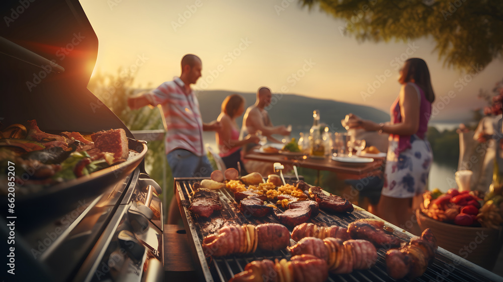 A group of young friends having a grill beef steak party in the park at sunset