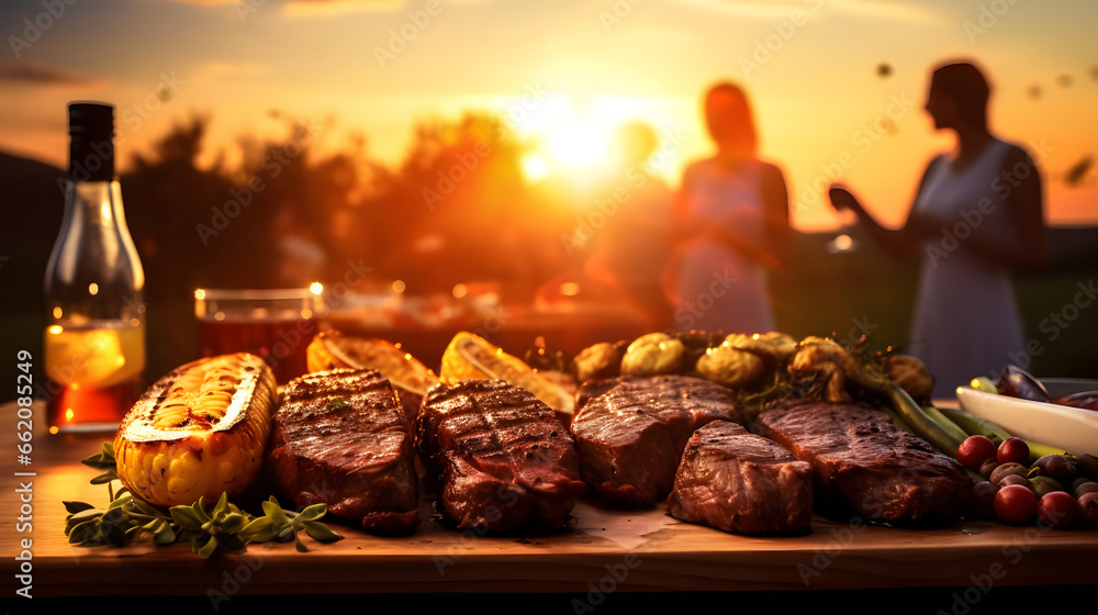 A group of young friends having a grill beef steak party in the park at sunset