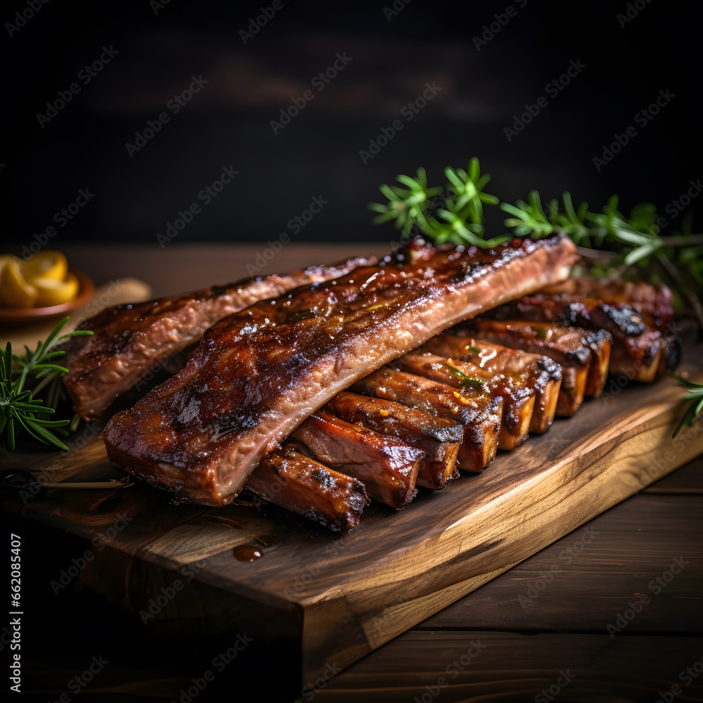 delicious ribs pork bbq with smoke, Barbecue grilled pork ribs served on wooden board. Traditional American cuisine dish