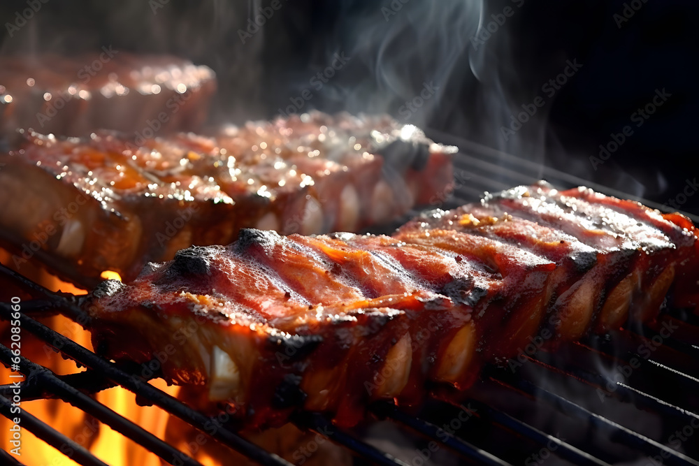 grilled pork ribs BBQ with smoke , barbecue ribs, pork ribs on a barbecue, beef, roasted meet, grilled on a barbecue, grill, 