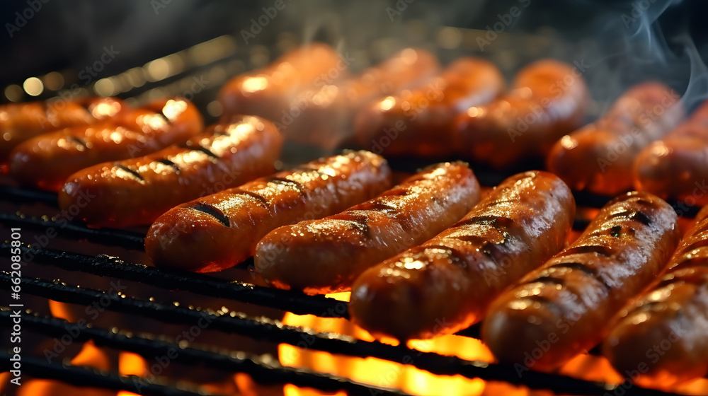 Grilled sausages. Sausages being cooked on the grill grate with fire