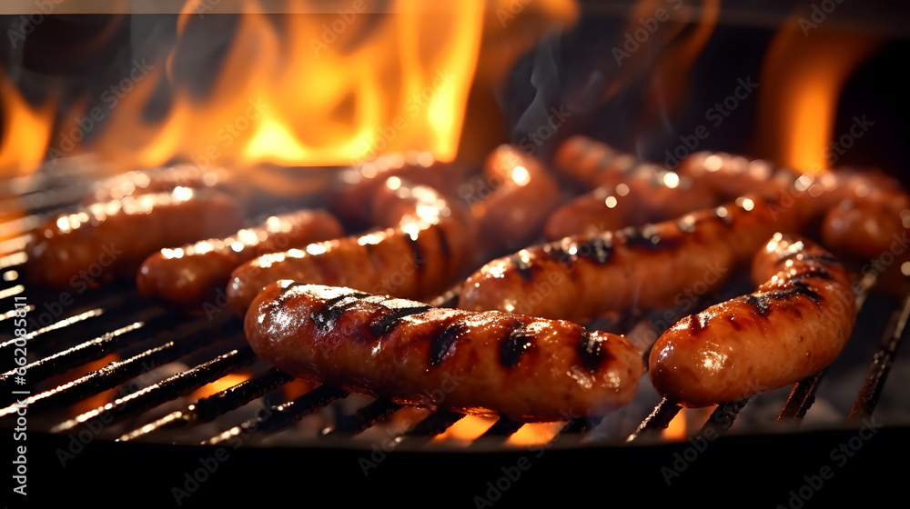 Grilled sausages. Sausages being cooked on the grill grate with fire