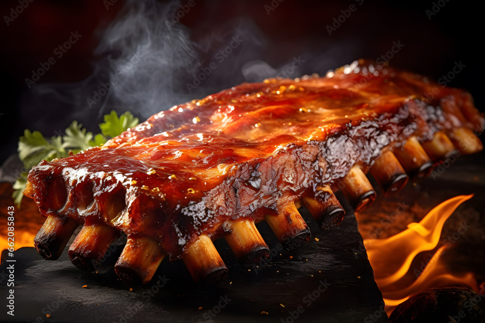 grilled pork ribs BBQ with smoke , barbecue ribs, pork ribs on a barbecue, beef, roasted meet, grilled on a barbecue, grill, 