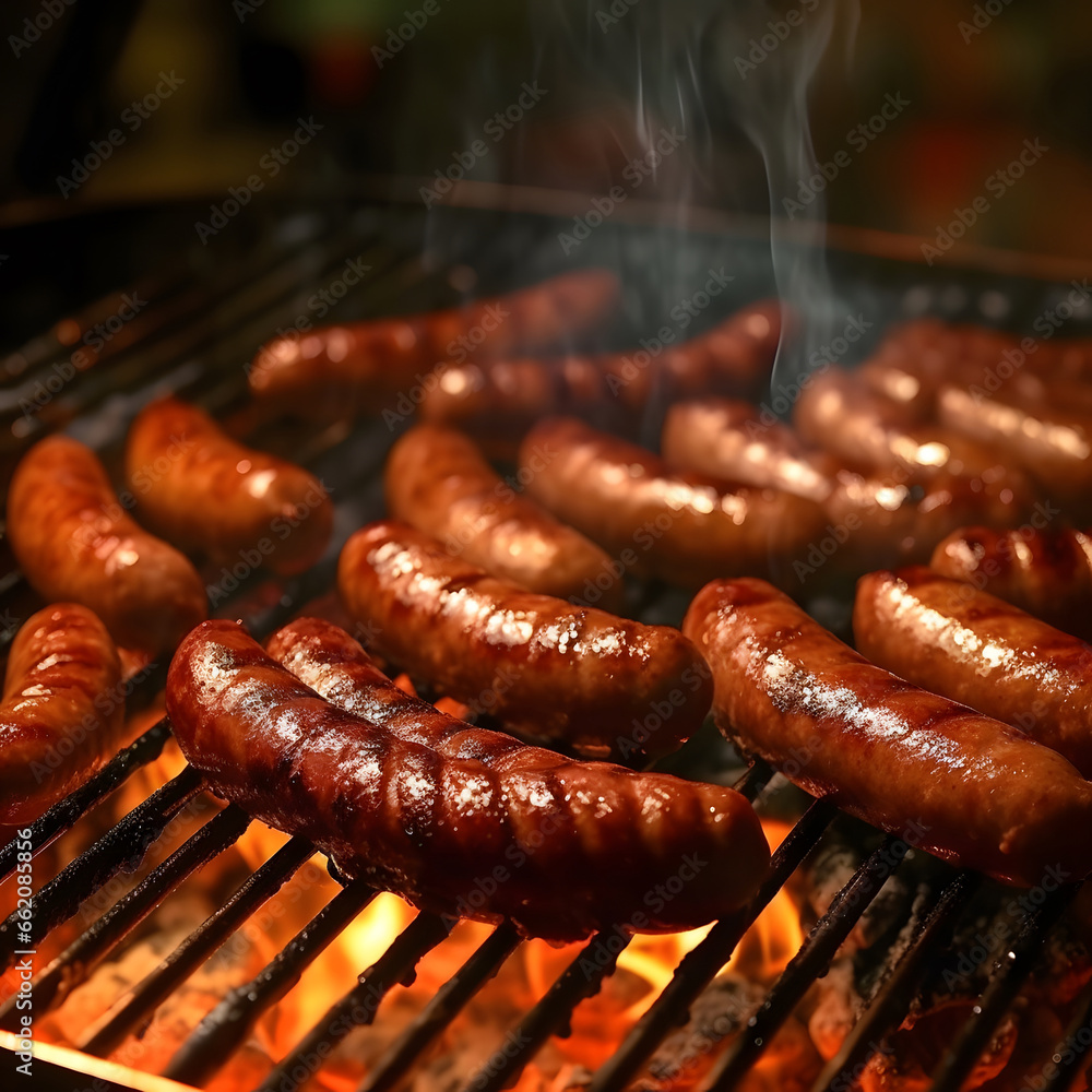 Grilled sausages. Sausages being cooked on the grill grate with fire