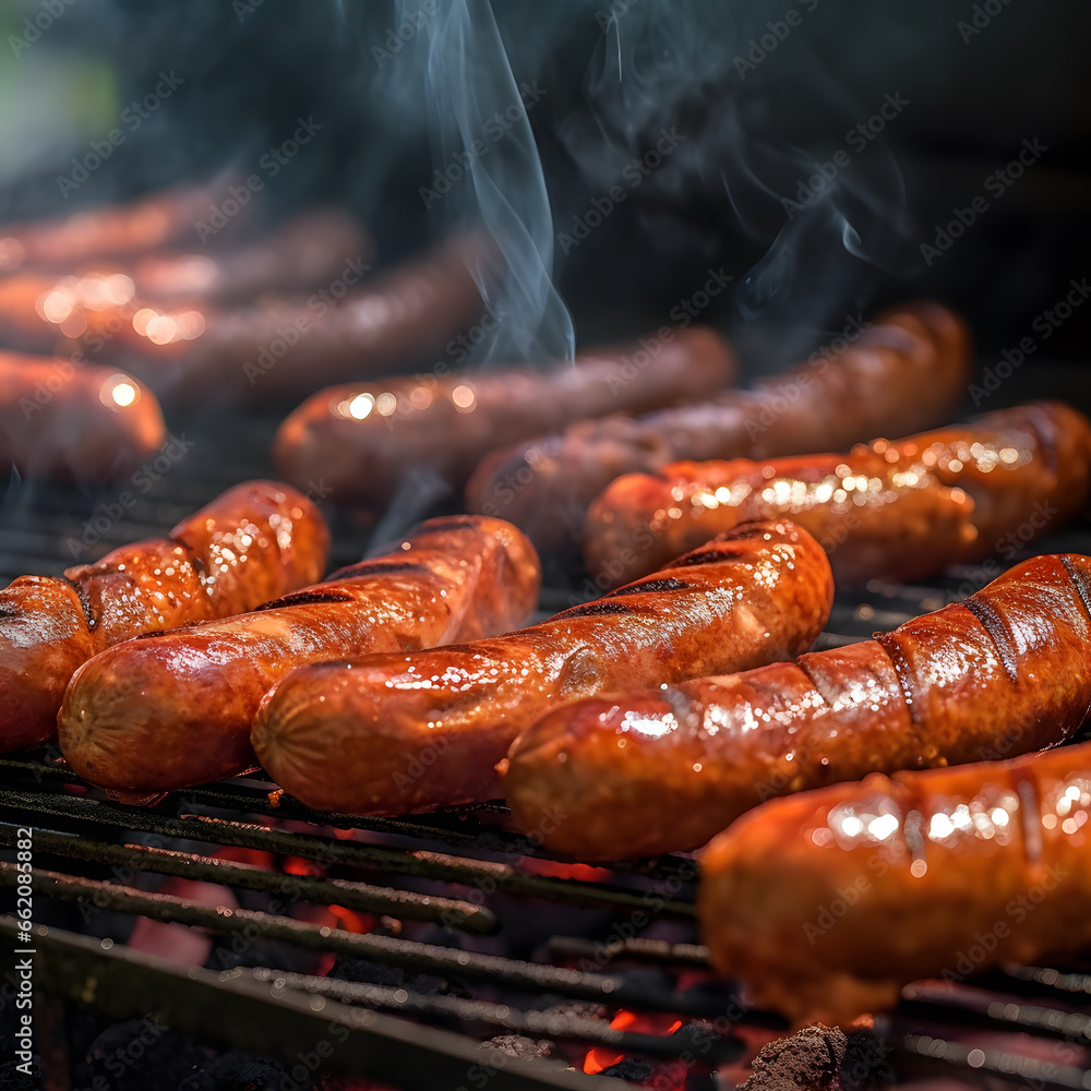 Grilled sausages. Sausages being cooked on the grill grate with fire