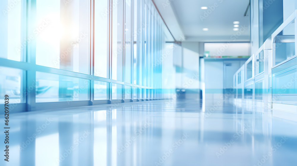 Abstract defocused blurred technology space background, empty business corridor or shopping mall. Medical and hospital corridor defocused background with modern laboratory