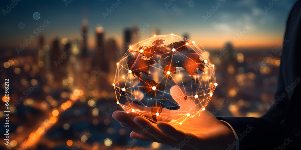 Hand of businessman touching circle global network connection and data exchanges on sunset background, Business networking with customer, Science, Innovation, Communication and technology concept.