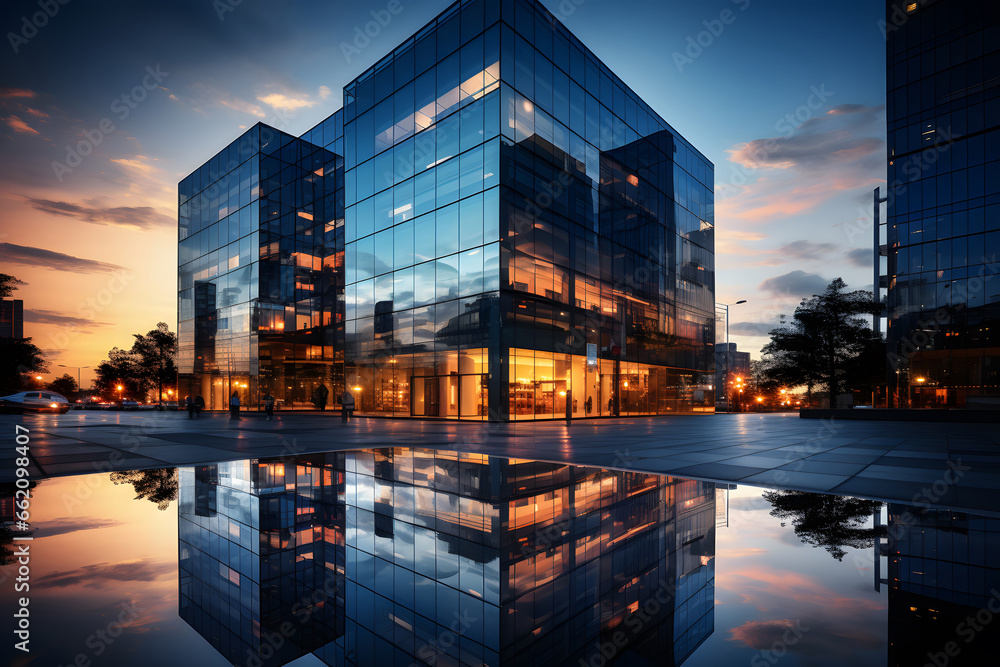 Reflective skyscrapers, business office buildings. low angle view of skyscrapers in city, sunset. Business wallpaper with modern high-rises with mirrored windows.