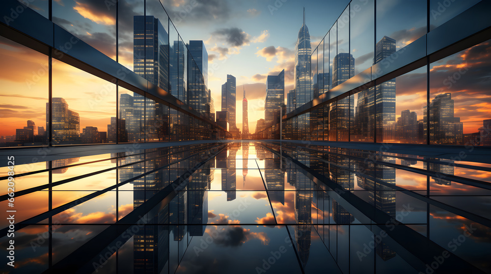 Reflective skyscrapers, business office buildings. low angle view of skyscrapers in city, sunset. Business wallpaper with modern high-rises with mirrored windows.