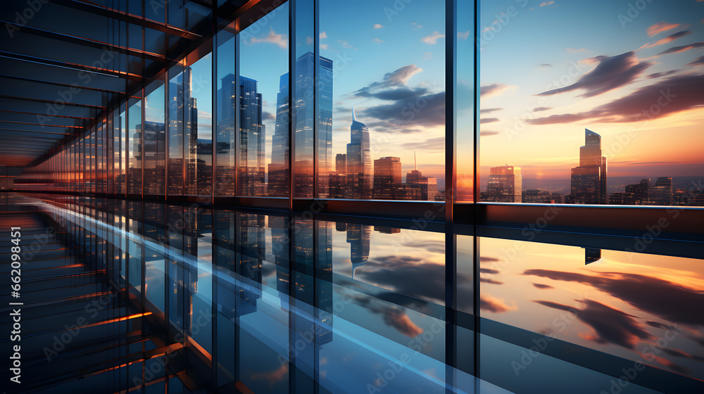 Reflective skyscrapers, business office buildings. low angle view of skyscrapers in city, sunset. Business wallpaper with modern high-rises with mirrored windows.