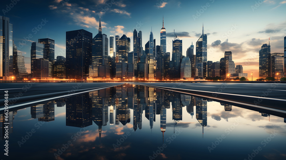 Reflective skyscrapers, business office buildings. low angle view of skyscrapers in city, sunset. Business wallpaper with modern high-rises with mirrored windows.