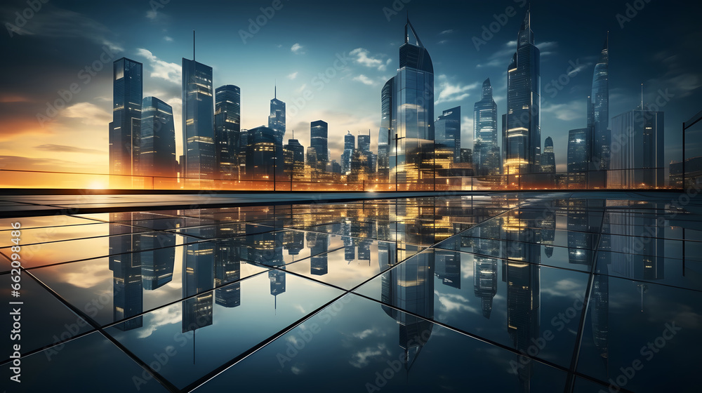 Reflective skyscrapers, business office buildings. low angle view of skyscrapers in city, sunset. Business wallpaper with modern high-rises with mirrored windows.