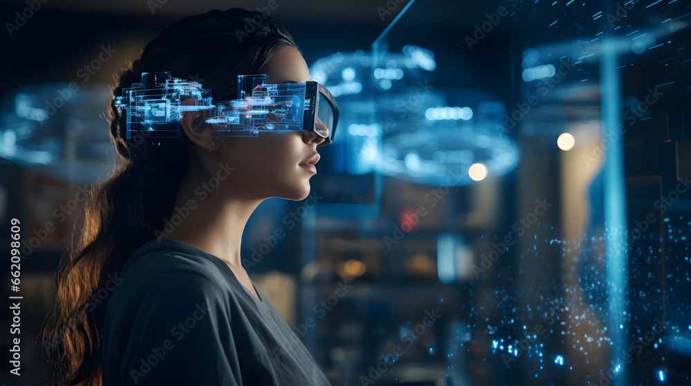 Software, coding hologram and woman on tablet thinking of data analytics, digital technology and night overlay. Programmer or IT person in glasses on 3d screen, programming and cybersecurity research 