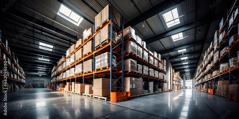 Warehouse industrial and logistics companies. Commercial warehouse. Huge distribution warehouse with high shelves. 