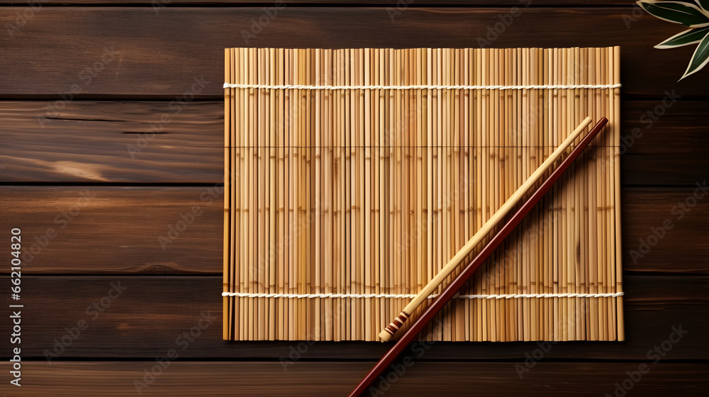 Bamboo mat with pair of chopsticks and rest on wooden table, top view. Space for text