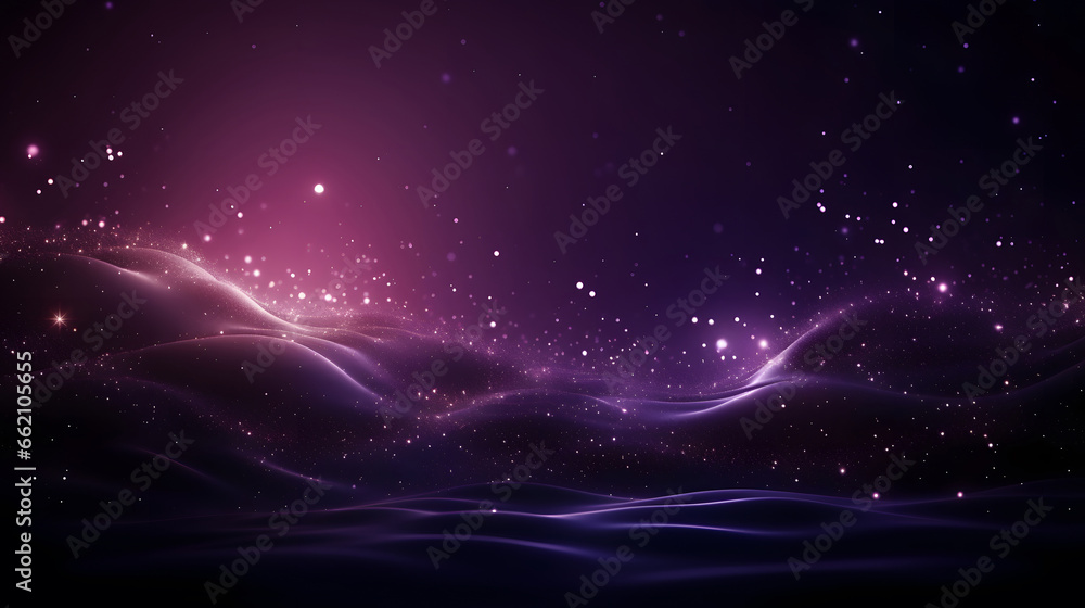 Digital purple particles wave and light abstract background with shining dots stars.