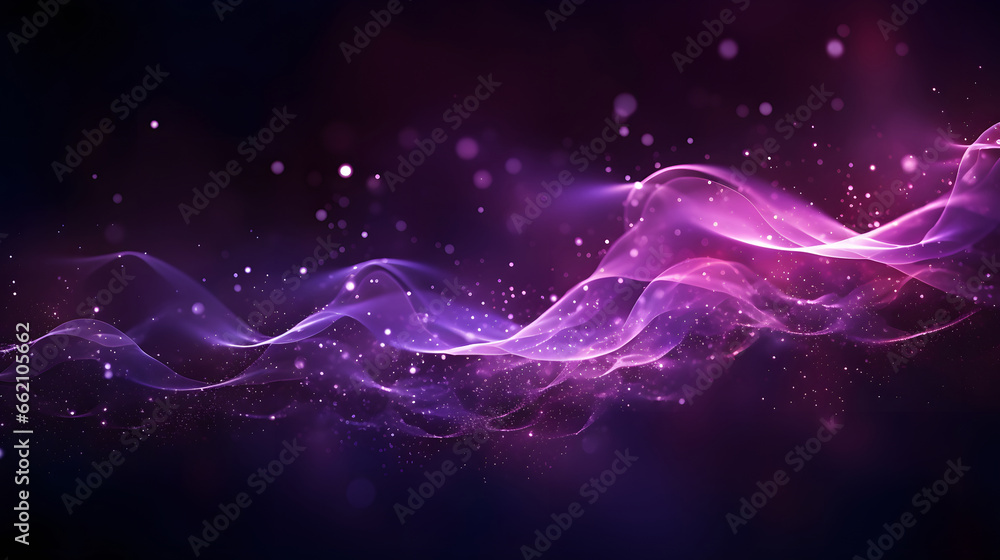 Digital purple particles wave and light abstract background with shining dots stars.