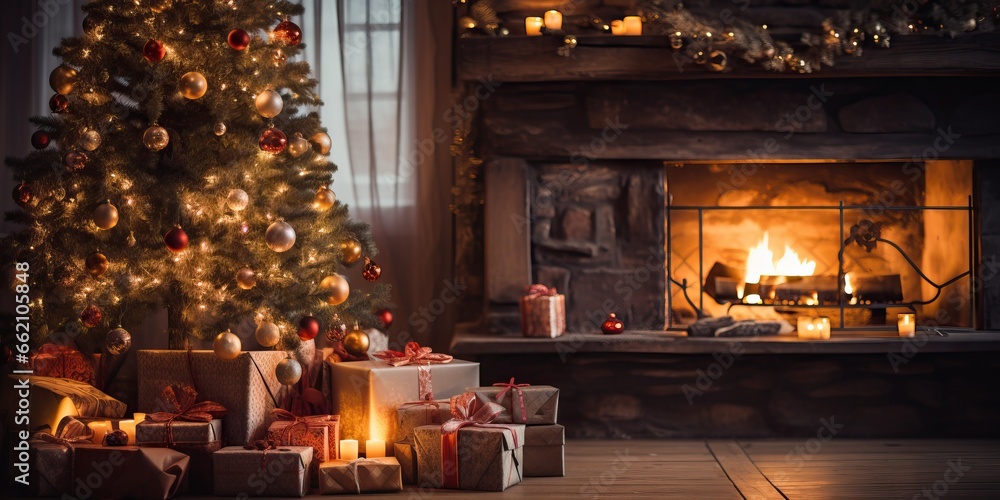 Christmas presents near fireplace in cozy living room at home. Winter holidays concept.